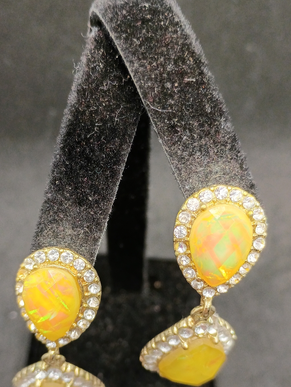 Gold-Tone Yellow Teardrop Double Drop Earrings with Clear Crystal Halo - Picture 2 of 4